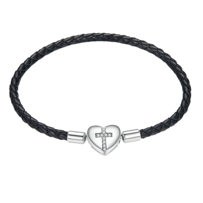 Pulseira Cruz em Prata 925 com Couro