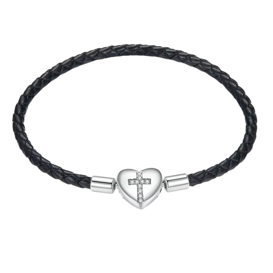 Pulseira Cruz em Prata 925 com Couro